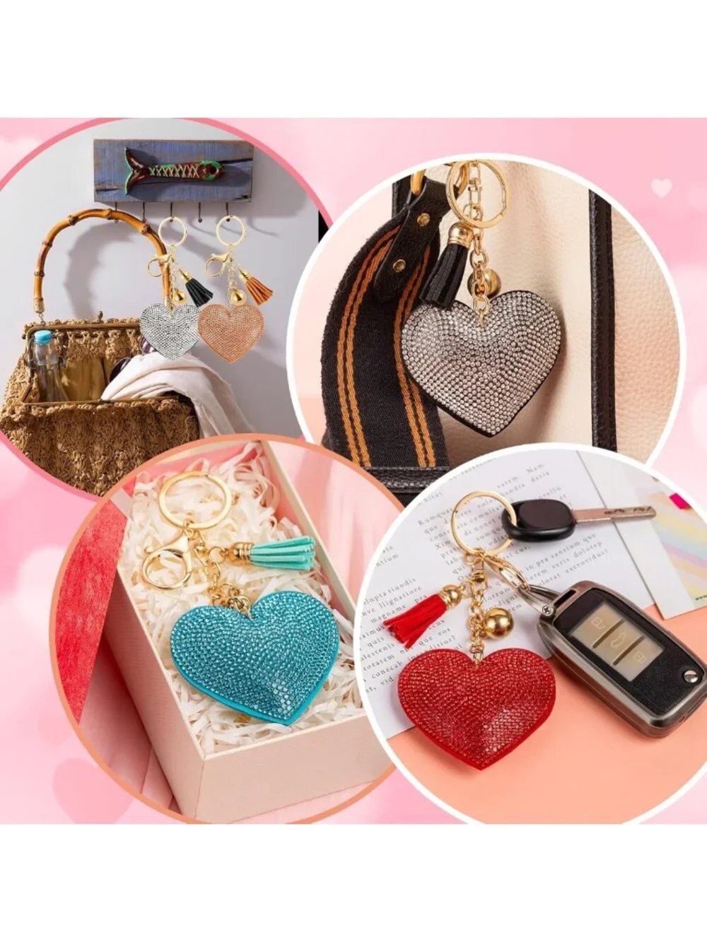 10pcs Bling Heart Rhinestone Keychains with Tassels for Handbags & Accessories